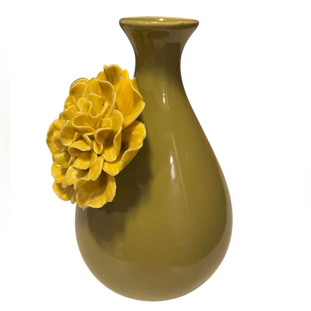 NEW 3D Yellow Peony flower on Olive Green Base Ceramic Vase 8